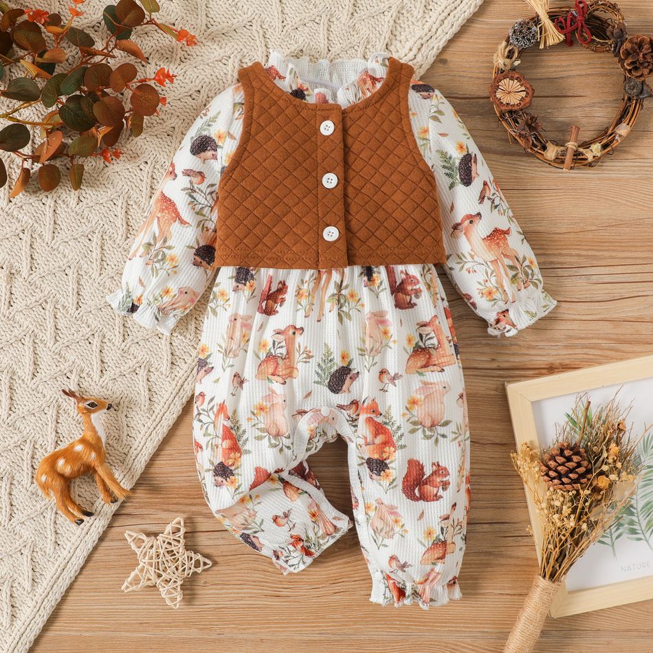 2pcs Baby Girl Allover Animal Print Frill Mock Long-sleeve Jumpsuit and Solid Quilted Vest Set Brown big image 1
