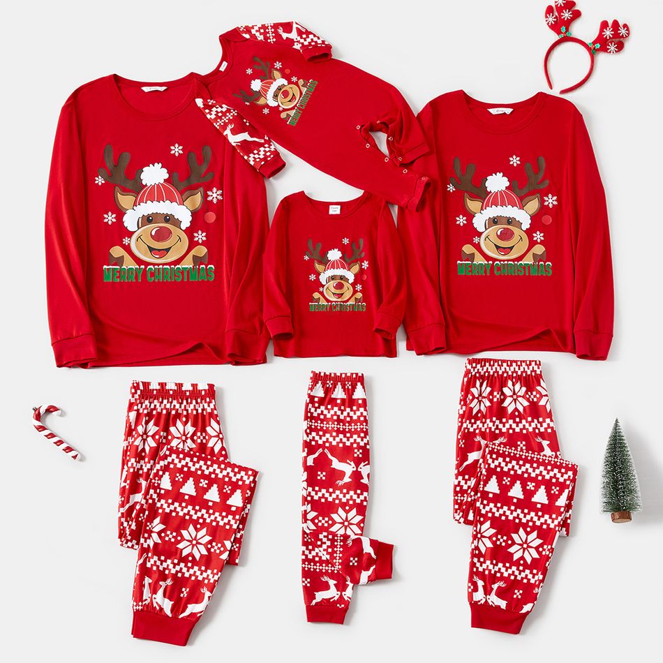 Christmas Family Matching Red Long-sleeve Deer Graphic Allover Print Pajamas Sets (Flame Resistant) Red big image 1