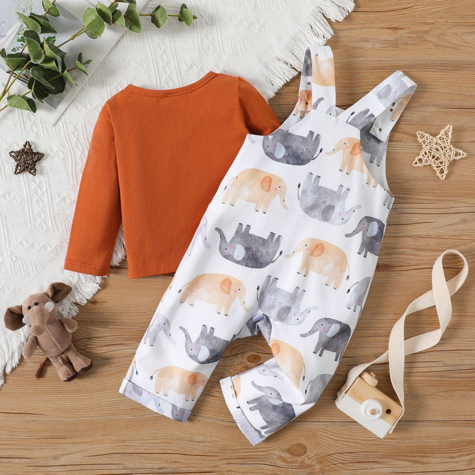 2pcs Baby Boy 95% Cotton Long-sleeve Tee and Allover Elephant Print Overalls Set Dark Brown big image 2
