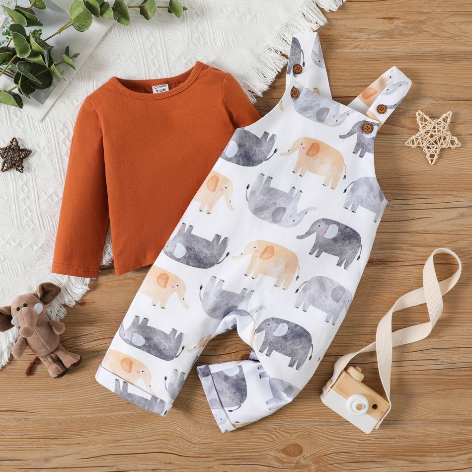 2pcs Baby Boy 95% Cotton Long-sleeve Tee and Allover Elephant Print Overalls Set Dark Brown big image 1