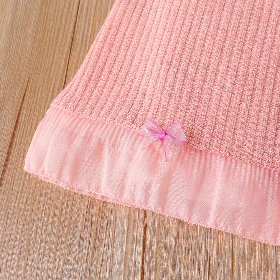 Kid Girl Solid Color Bowknot Design Mesh Splice Flared Pants Pink big image 4