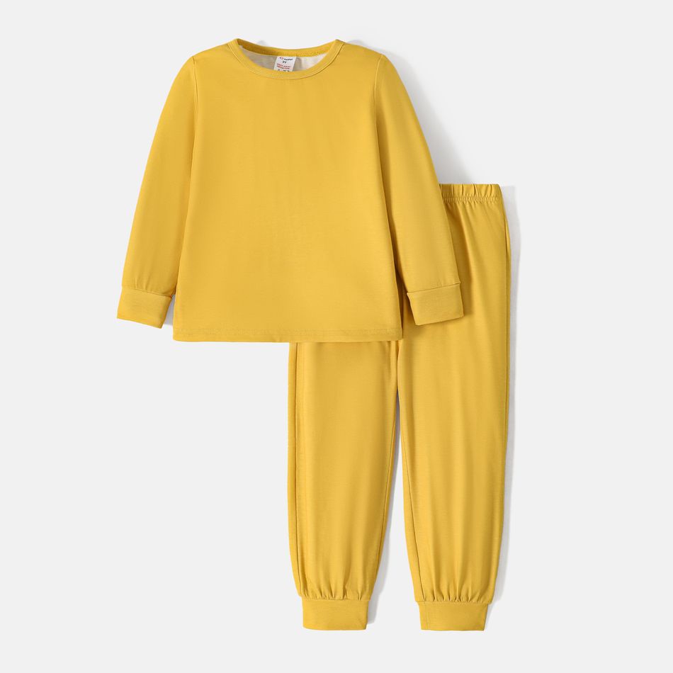 2pcs Toddler Boy Basic Solid Color Long-sleeve Tee and Pants Pajamas Sleepwear Set Yellow big image 1