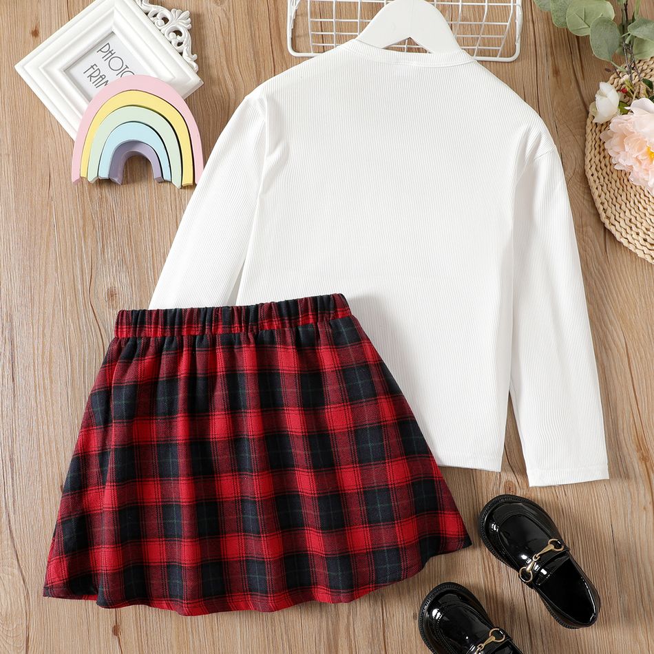 2pcs Kid Girl Christmas Letter Embroidered Long-sleeve White Tee and Red Plaid Skirt Set Red big image 2