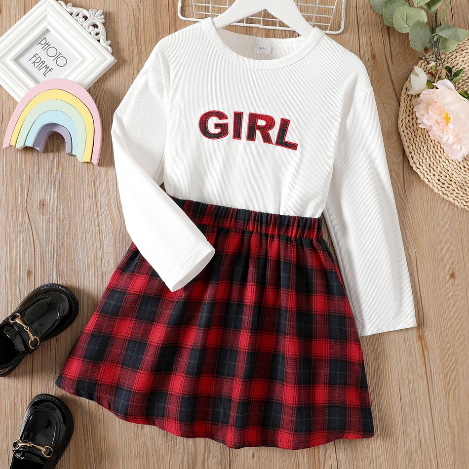 2pcs Kid Girl Letter Embroidered Long-sleeve White Tee and Red Plaid Skirt Set Red