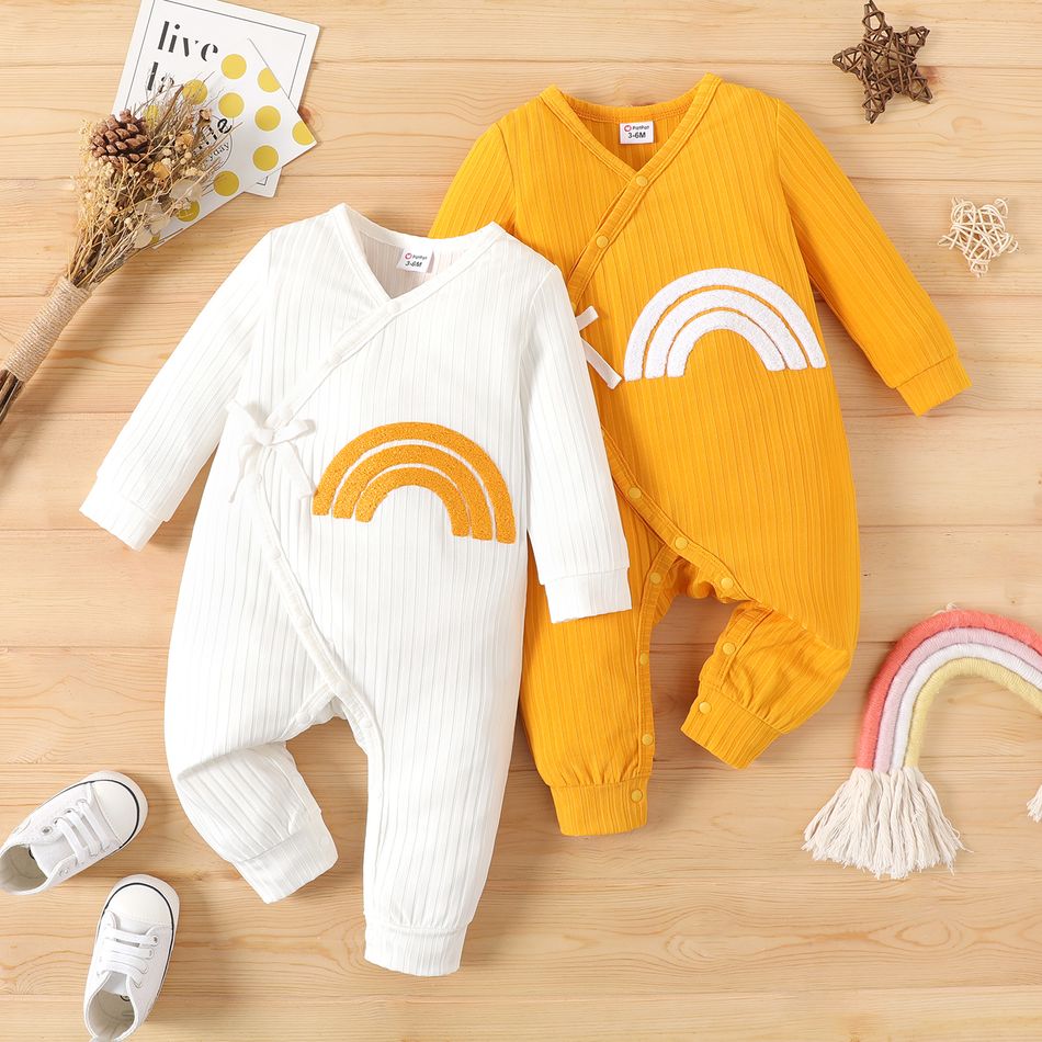 Baby Boy/Girl Rainbow Embroidered Ribbed Long-sleeve Button Jumpsuit White big image 2
