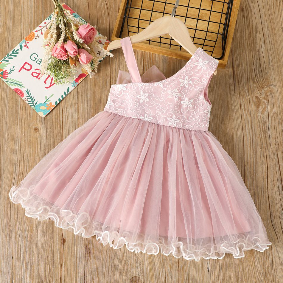 Toddler Girl 3D Bowknot Design Sleeveless Pink Mesh Strap Dress Pink