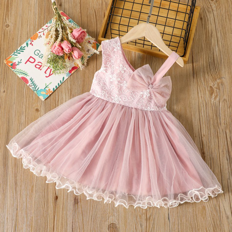 Toddler Girl 3D Bowknot Design Sleeveless Pink Mesh Strap Dress Pink big image 2