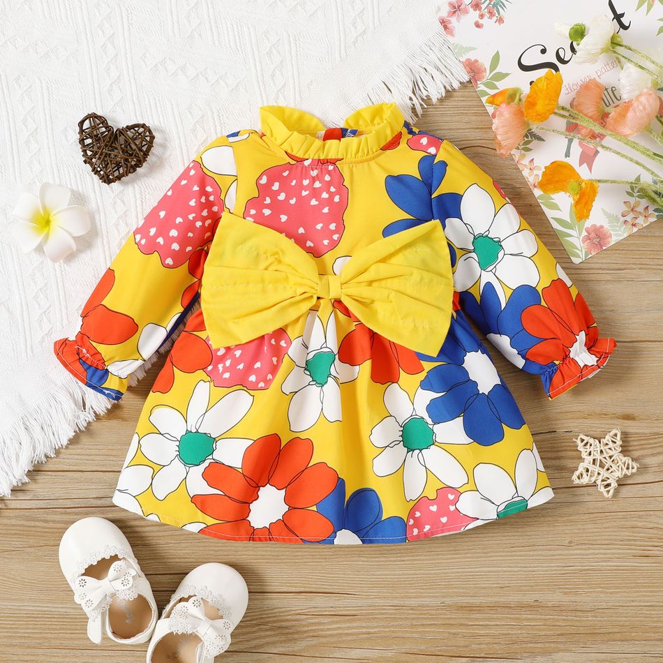 Baby Girl Allover Colorful Floral Print Frill Mock Neck Bow Front Long-sleeve Dress Multi-color