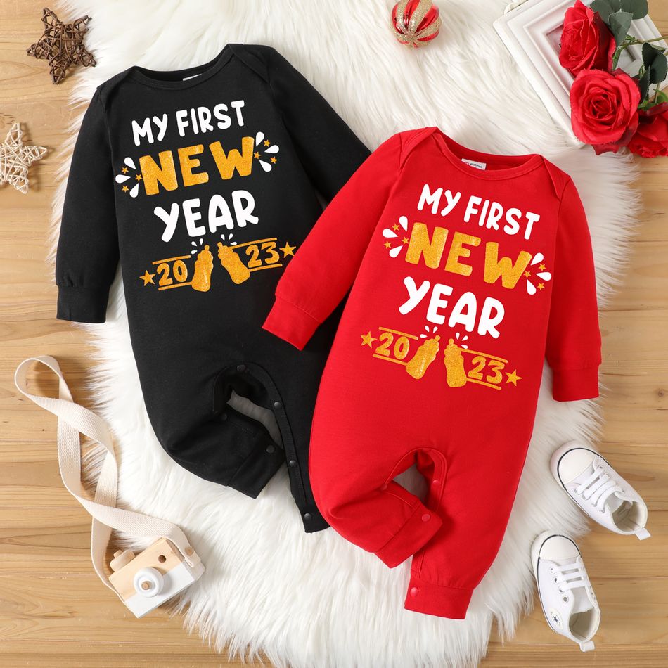 New Year Baby Boy/Girl Letter & Number Print Long-sleeve Jumpsuit Black big image 2