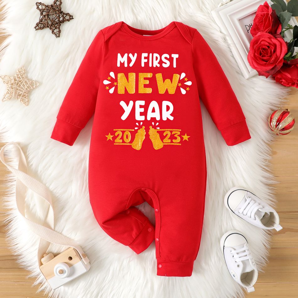 New Year Baby Boy/Girl Letter & Number Print Long-sleeve Jumpsuit Red big image 1