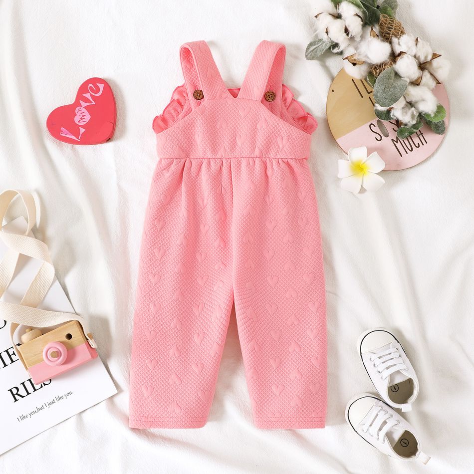 Baby Girl Solid Textured Frill Trim Overalls Pink big image 3
