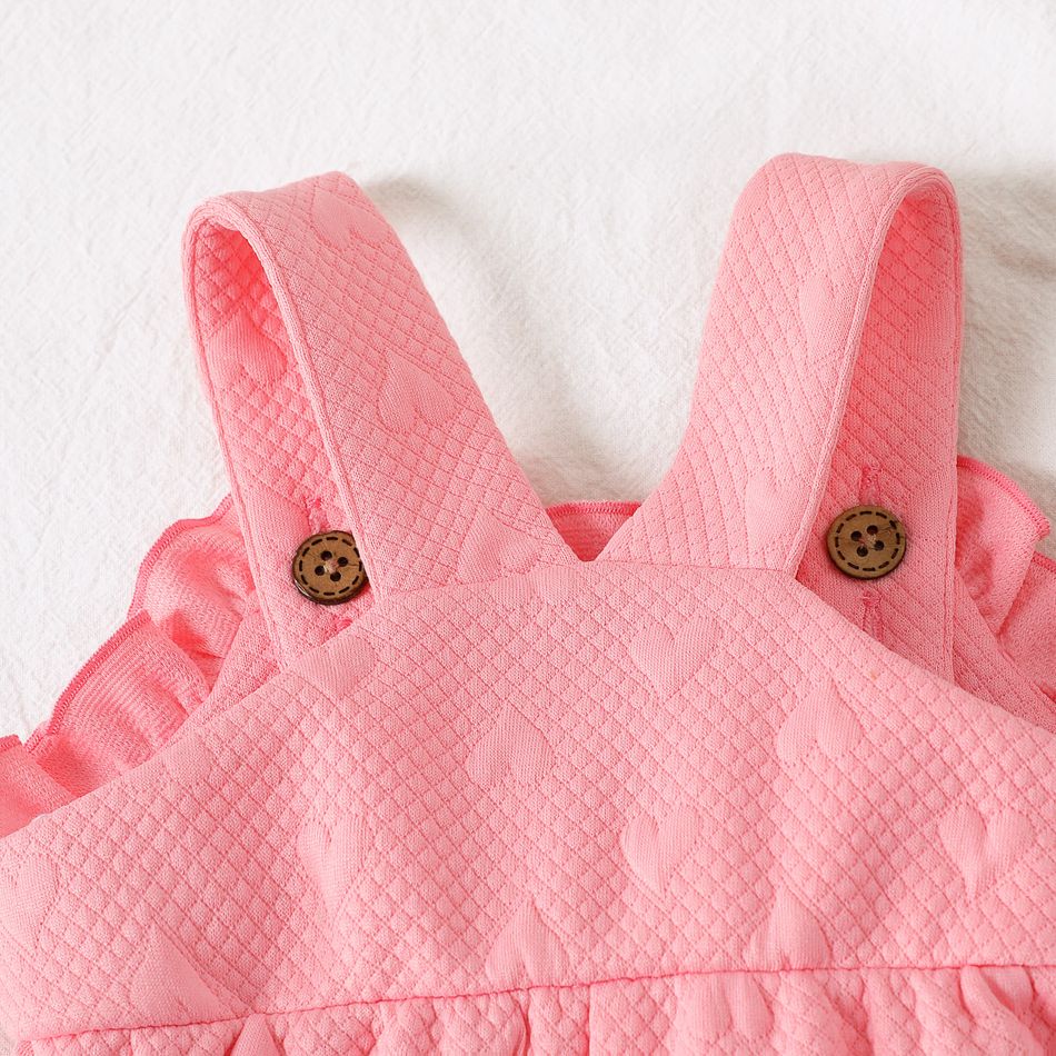 Baby Girl Solid Textured Frill Trim Overalls Pink big image 5