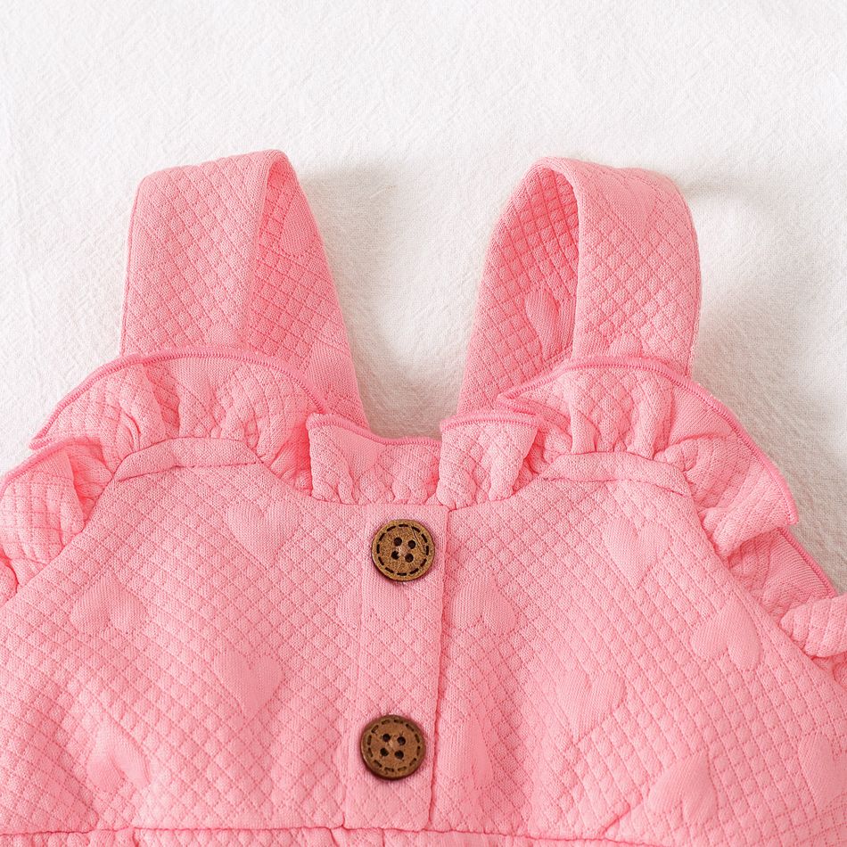 Baby Girl Solid Textured Frill Trim Overalls Pink big image 4