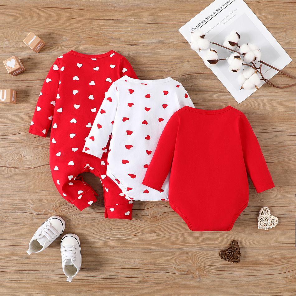 3-Pack Baby Boy/Girl 95% Cotton Long-sleeve Allover Heart Print Jumpsuit and Rompers Set Red