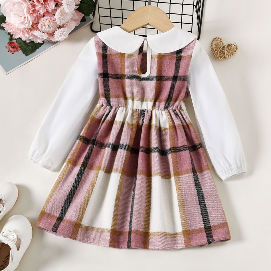 Toddler Girl Doll Collar Plaid Bowknot Design Long-sleeve Dress Pink big image 2