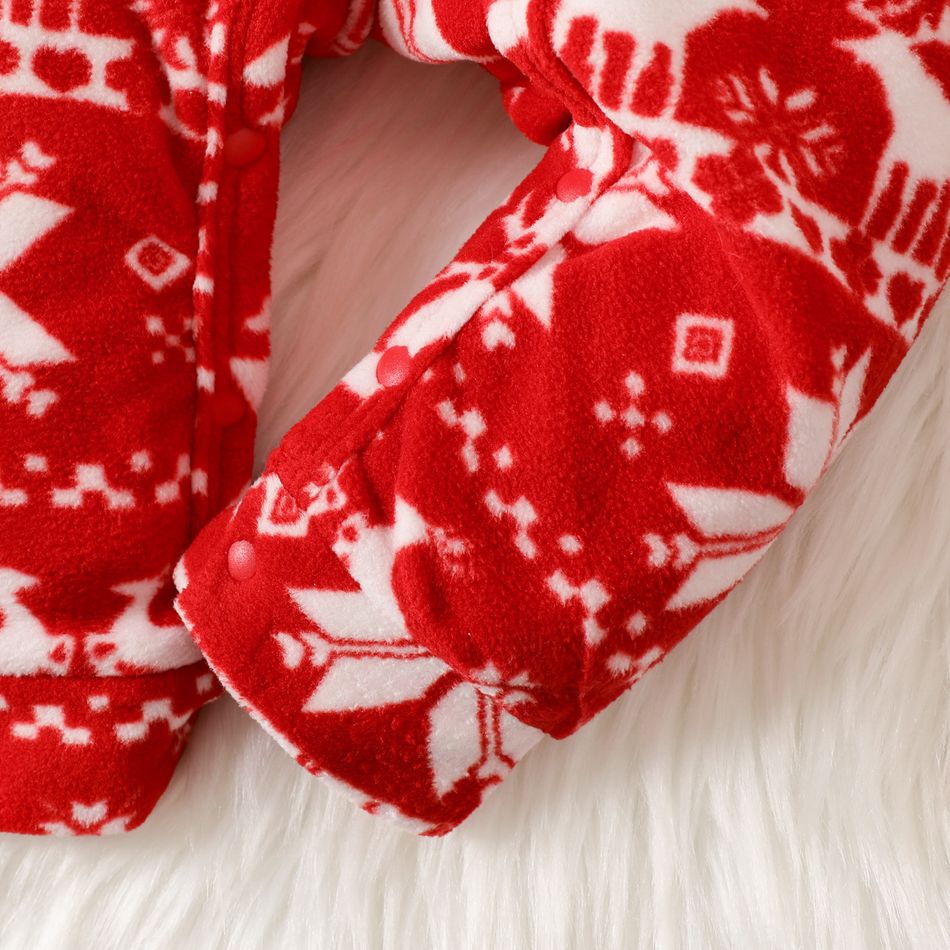 Christmas Baby Boy Allover Deer & Snowflake Print 3D Antler Hooded Long-sleeve Polar Fleece Jumpsuit Red big image 5