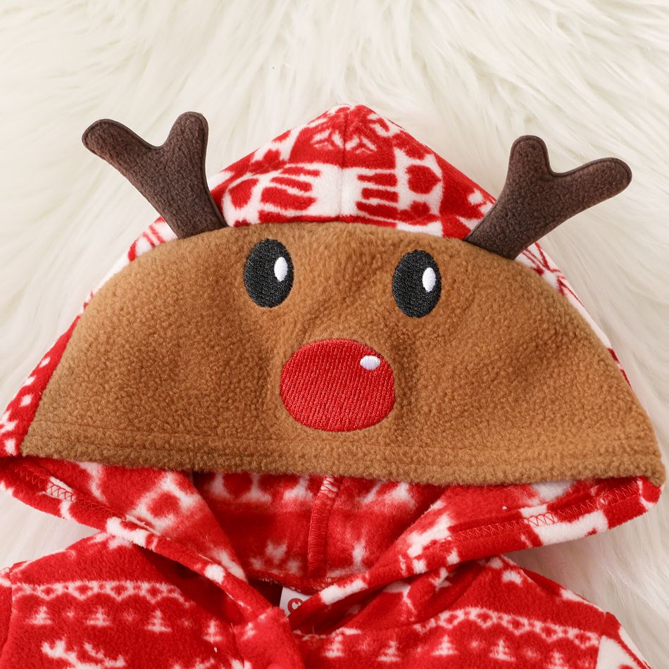 Christmas Baby Boy Allover Deer & Snowflake Print 3D Antler Hooded Long-sleeve Polar Fleece Jumpsuit Red big image 3