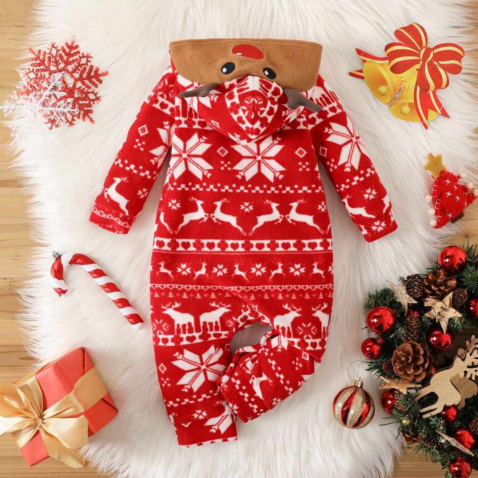 Christmas Baby Boy Allover Deer & Snowflake Print 3D Antler Hooded Long-sleeve Polar Fleece Jumpsuit Red big image 2