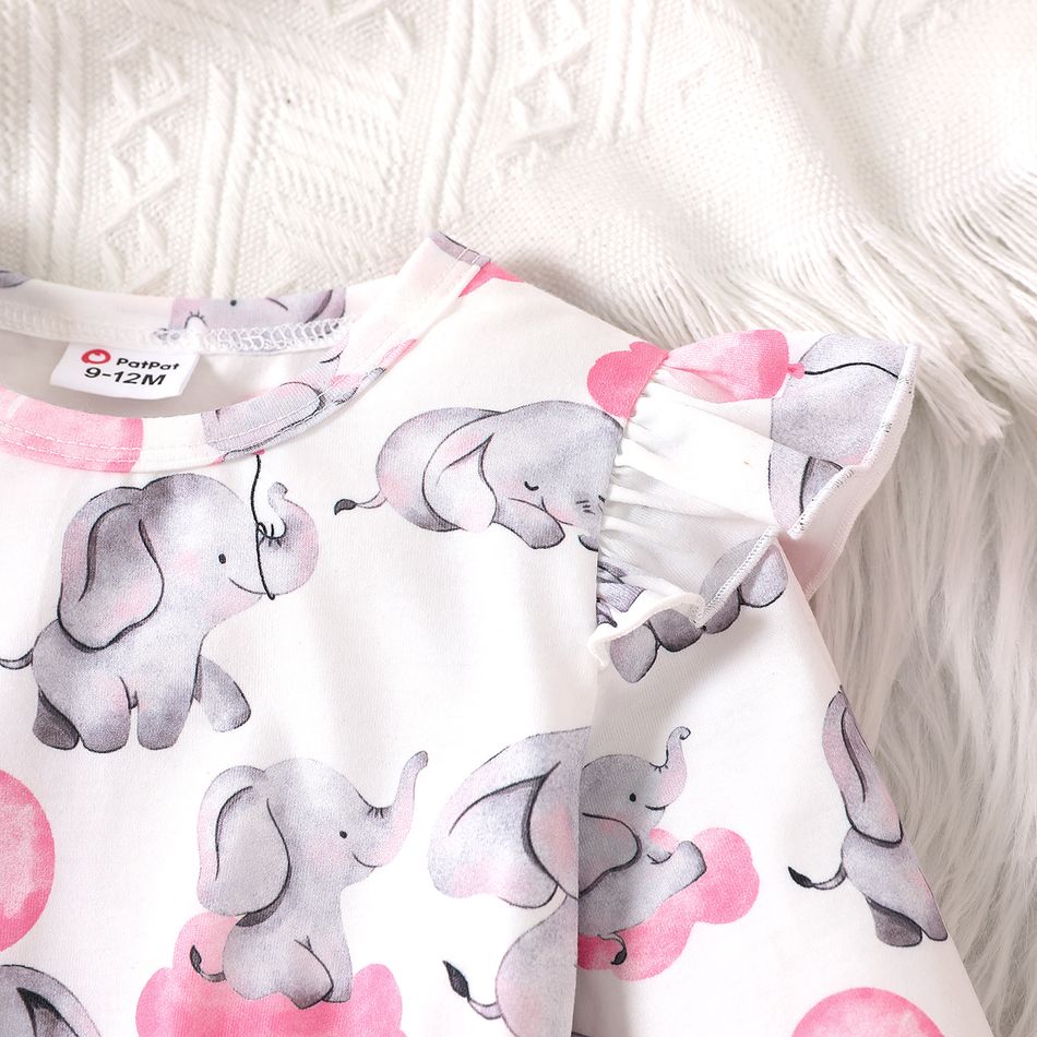 Baby Girl Allover Elephant Print Ruffle Long-sleeve Faux-two Dress PinkyWhite big image 3