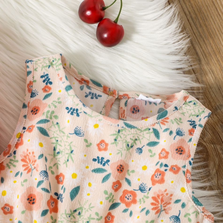 2pcs Toddler Girl Floral Print Sleeveless Dress and Ruffled Pink Cardigan Set Pink big image 4