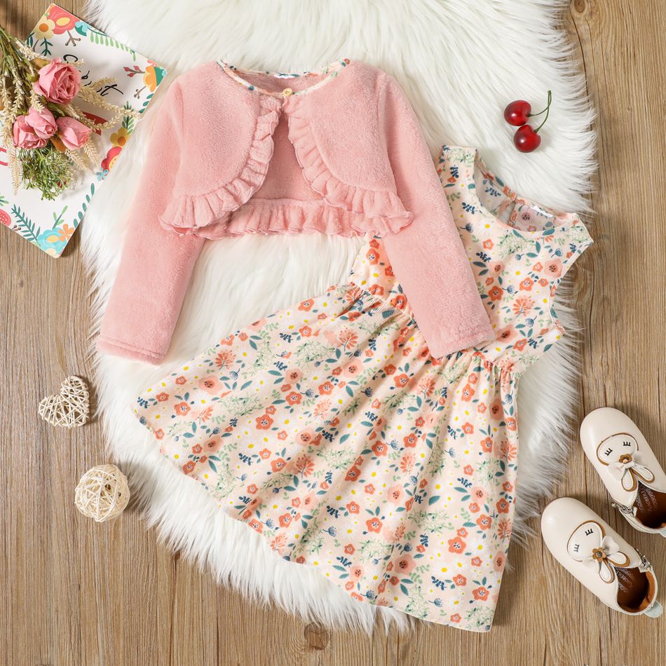 2pcs Toddler Girl Floral Print Sleeveless Dress and Ruffled Pink Cardigan Set Pink