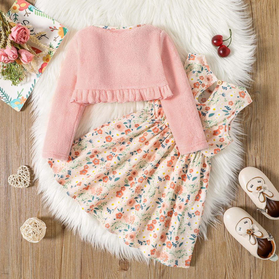 2pcs Toddler Girl Floral Print Sleeveless Dress and Ruffled Pink Cardigan Set Pink big image 2