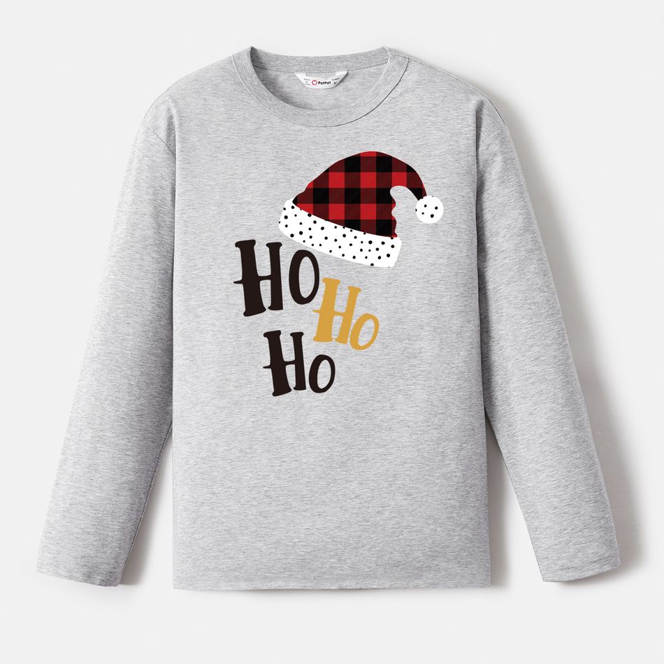 Go-Neat Water Repellent and Stain Resistant Christmas Family Matching Plaid Hat & Letter Print Long-sleeve Tee Grey big image 3