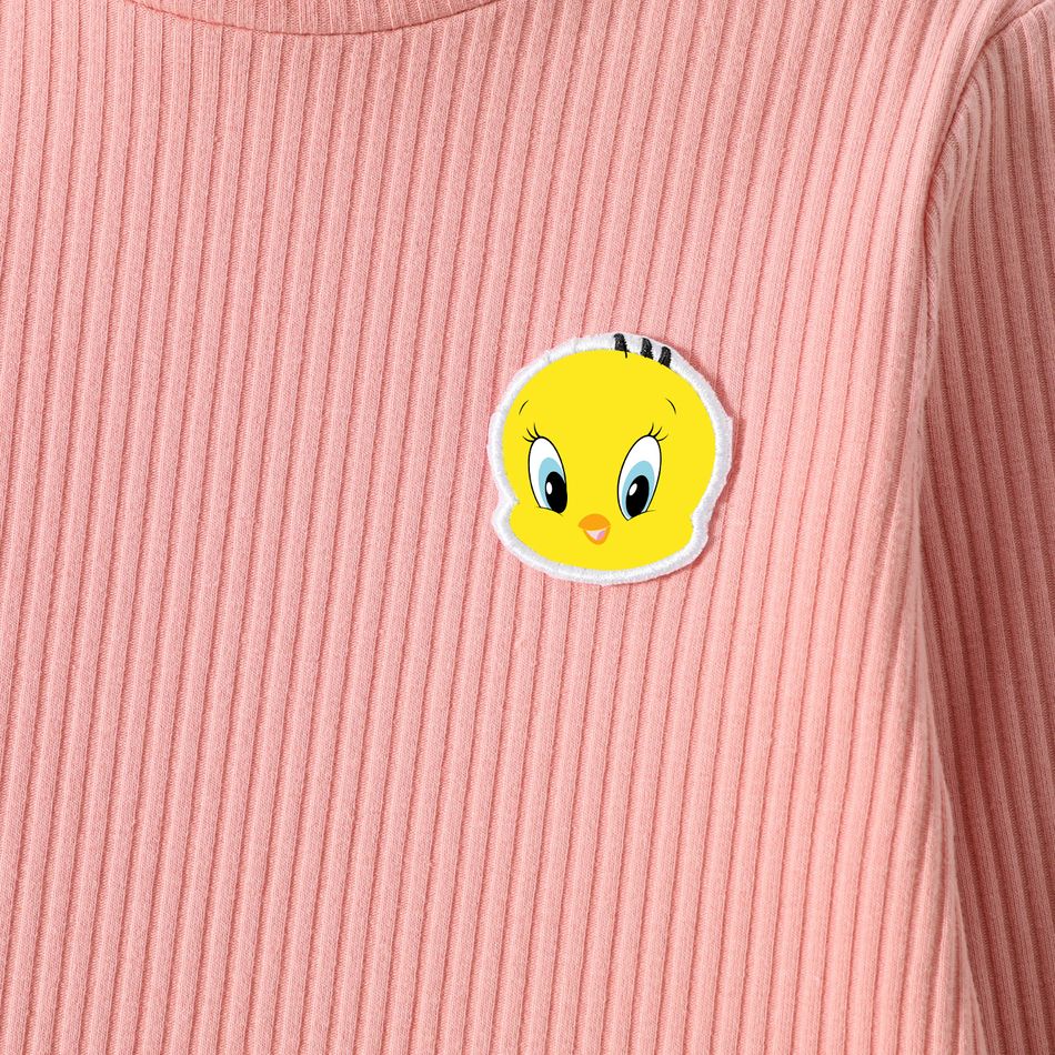 Looney Tunes Toddler Girl 100% Cotton Embroidered Turtleneck Long-sleeve Ribbed Tee Pink big image 3