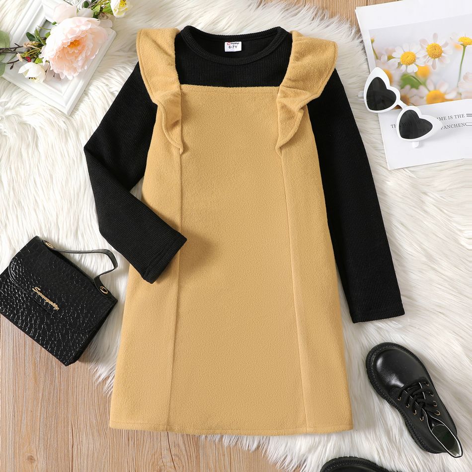 2pcs Kid Girl Ribbed Long-sleeve Black Tee and Ruffled Khaki Overall Dress Set ColorBlock big image 4