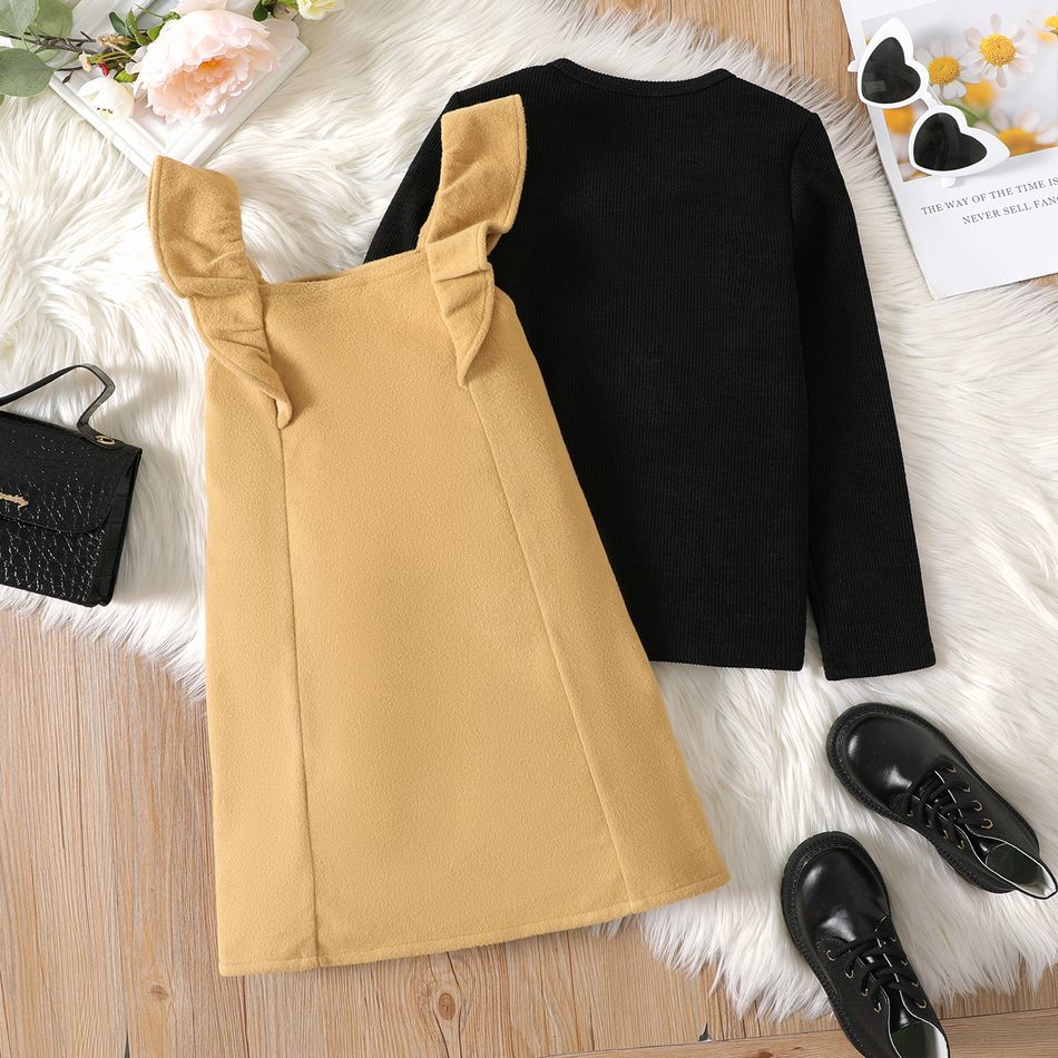 2pcs Kid Girl Ribbed Long-sleeve Black Tee and Ruffled Khaki Overall Dress Set ColorBlock big image 5