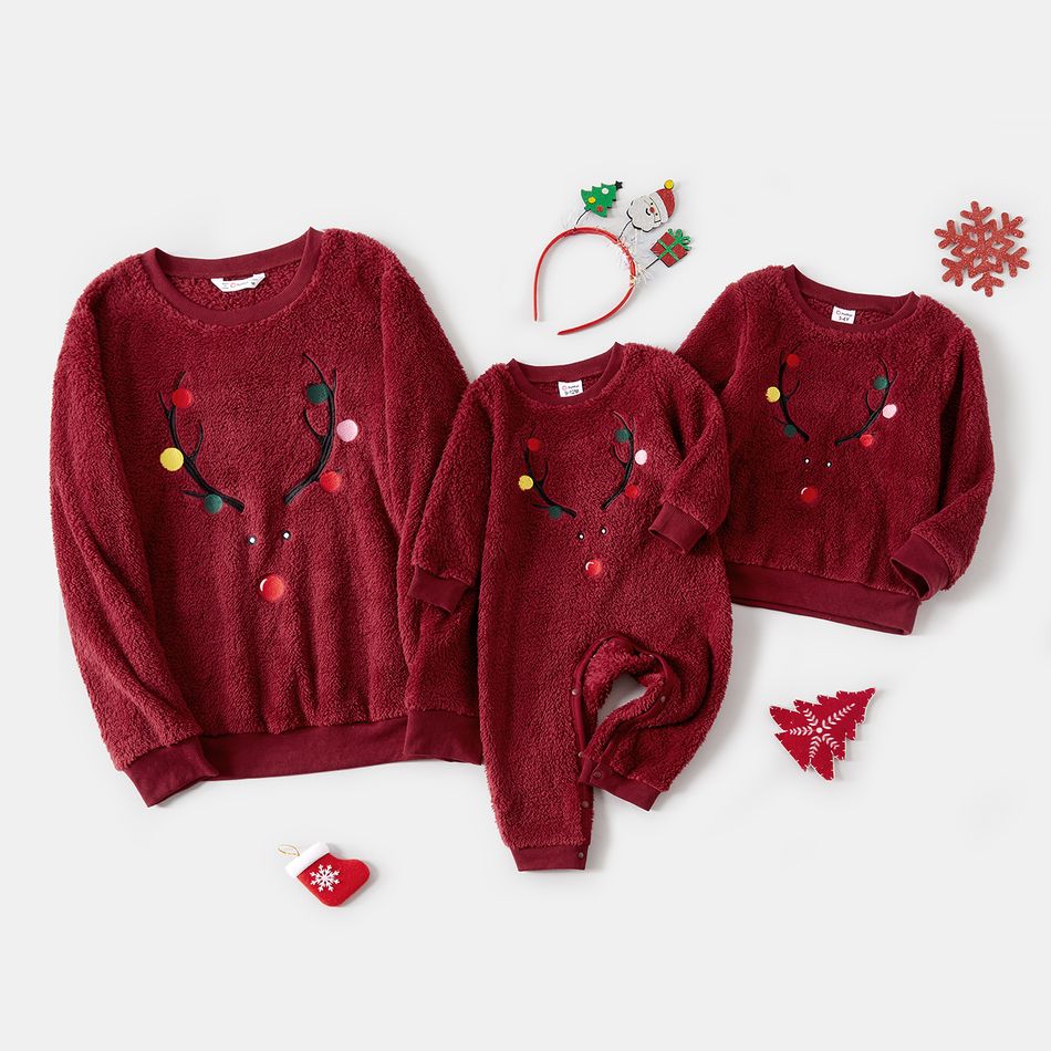 Christmas Deer Embroidered Thermal Fuzzy Long-sleeve Family Matching Sweatshirts Burgundy