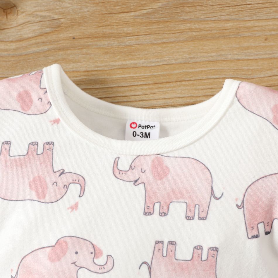 2-Pack Baby Boy/Girl Allover Elephant Print and Solid Long-sleeve Jumpsuits Set Pink big image 2