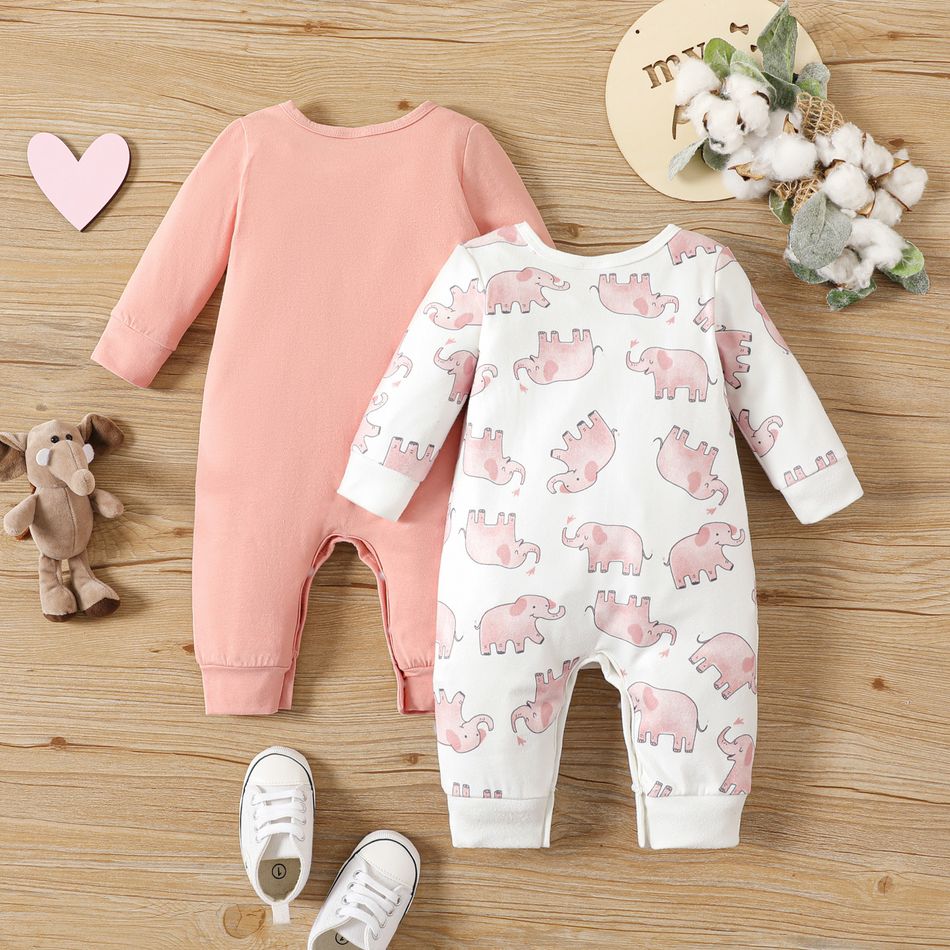 2-Pack Baby Boy/Girl Allover Elephant Print and Solid Long-sleeve Jumpsuits Set Pink big image 5