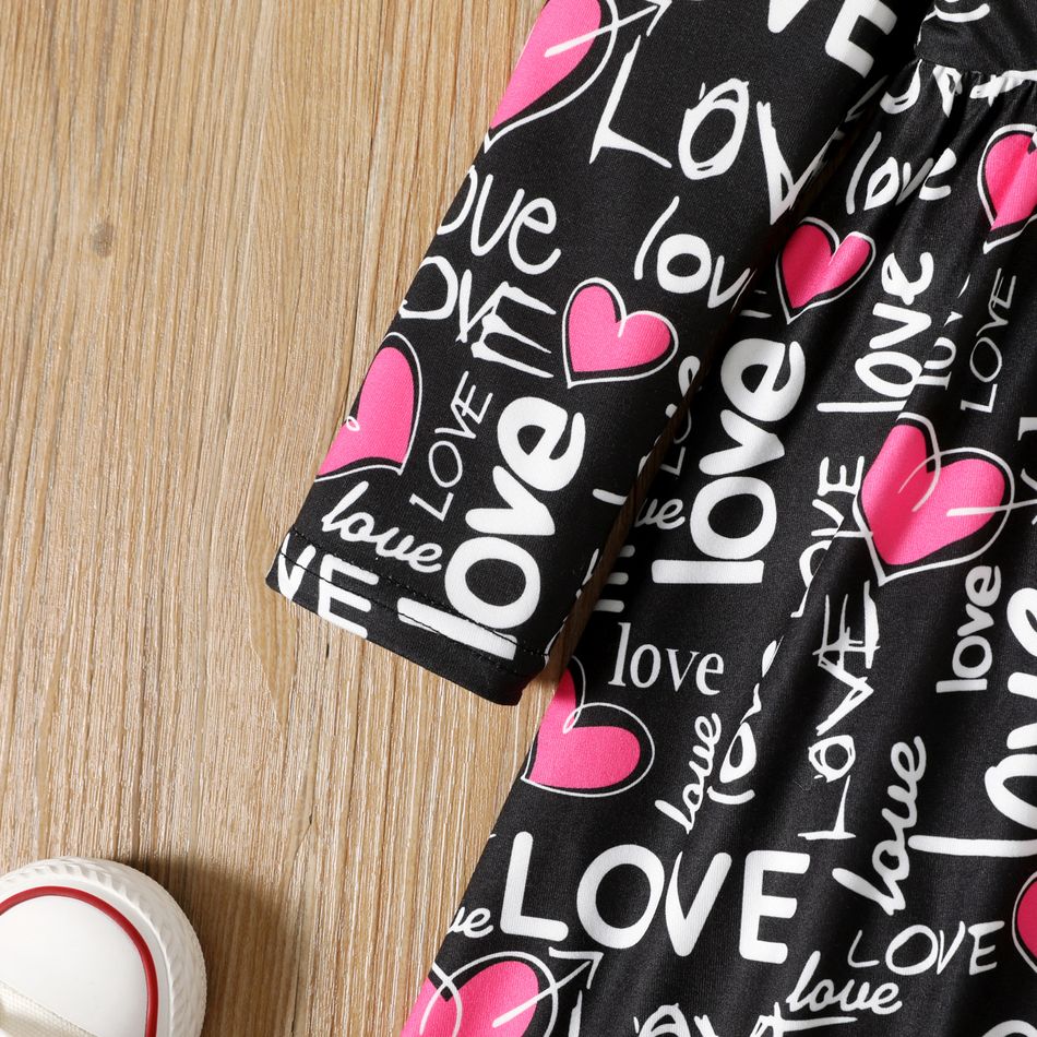 Toddler Girl Valentine's Day Letter Heart Allover Print Long-sleeve Dress Black big image 4