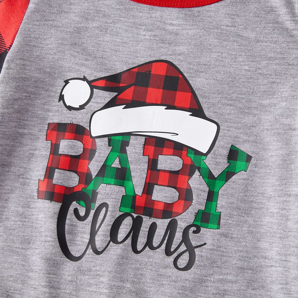 Christmas Family Matching Xmas Hat & Letter Print Grey Short-sleeve Plaid Pajamas Sets (Flame Resistant) Grey big image 11