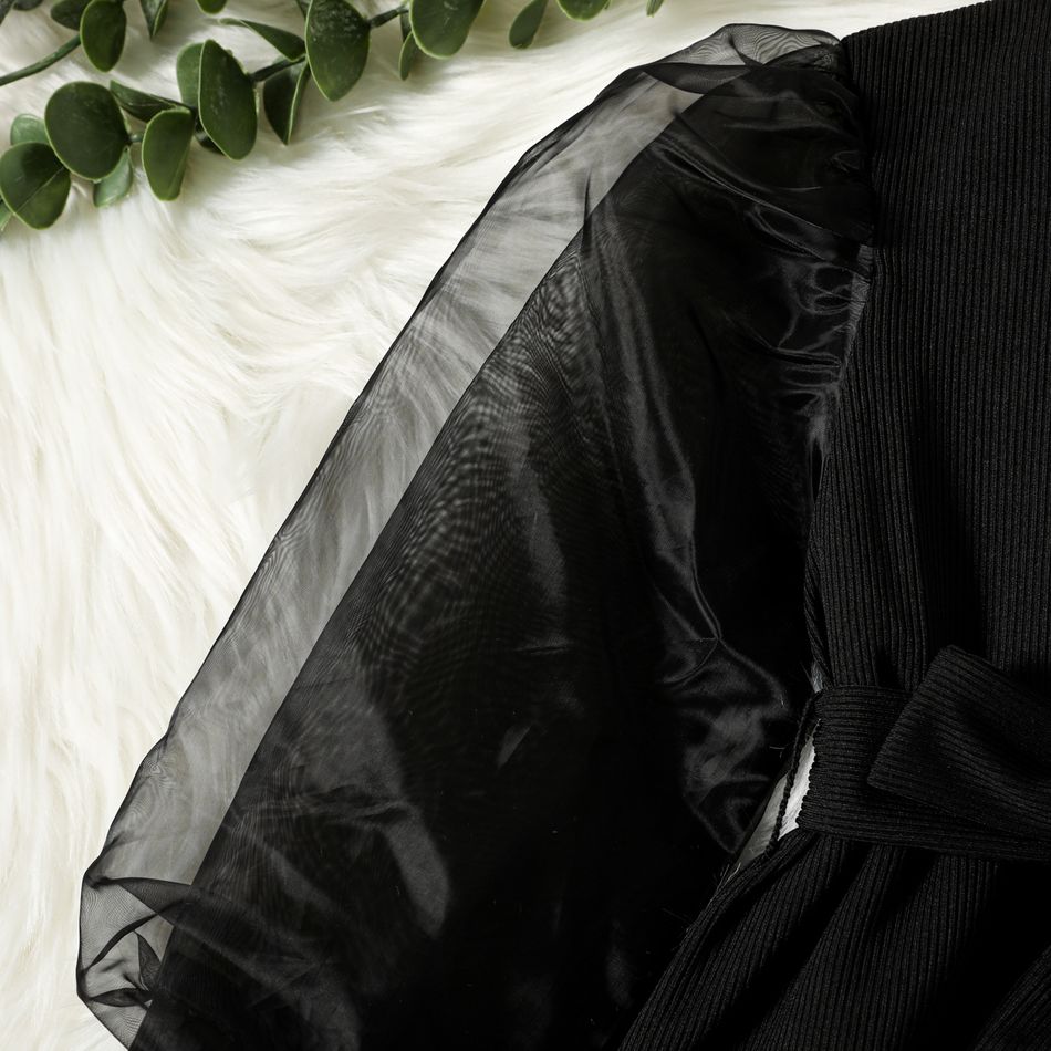 Toddler Girl Mock Neck Mesh Design Puff-sleeve Belted Black Dress Black
