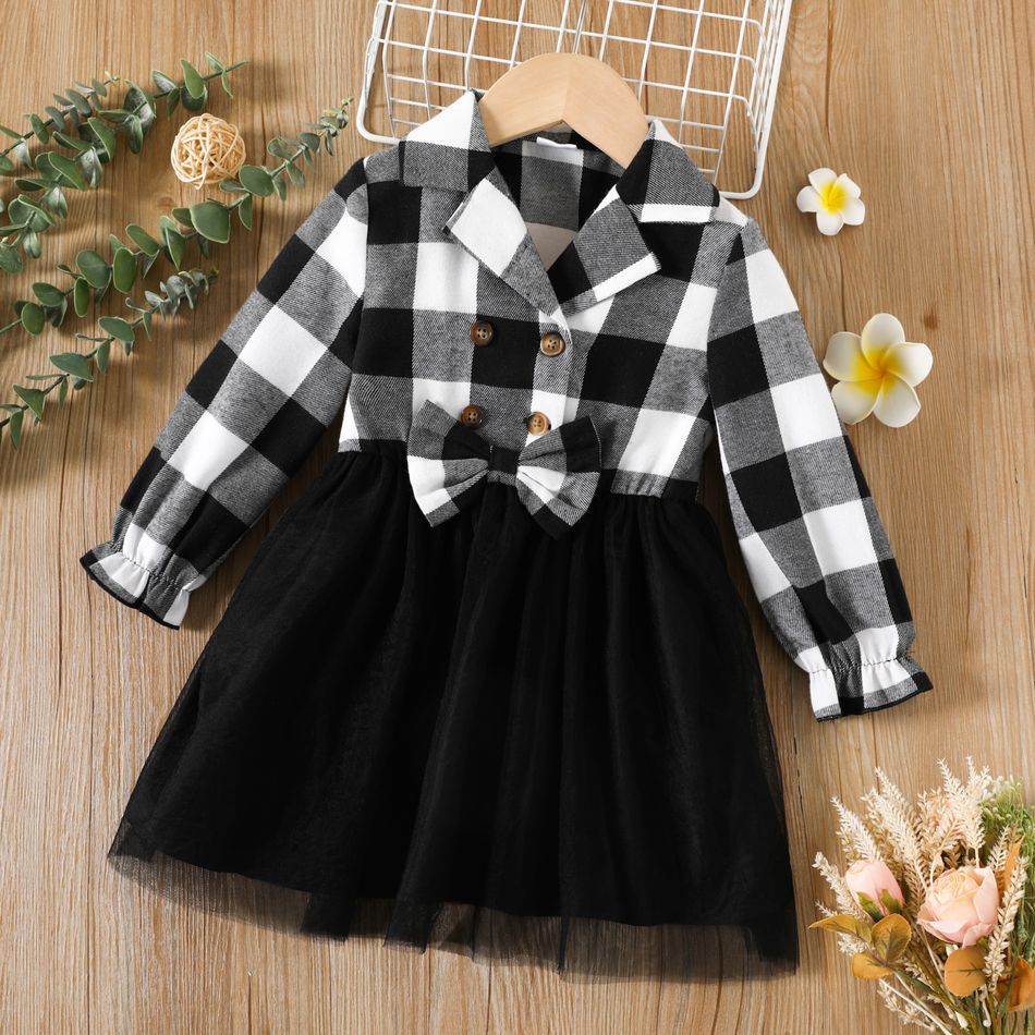 Toddler Girl Plaid Mesh Splice Bowknot Design Long-sleeve Dress BlackandWhite