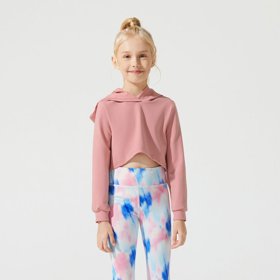 Activewear Kid Girl Solid Color Crop Hoodie Sweatshirt Pink big image 2