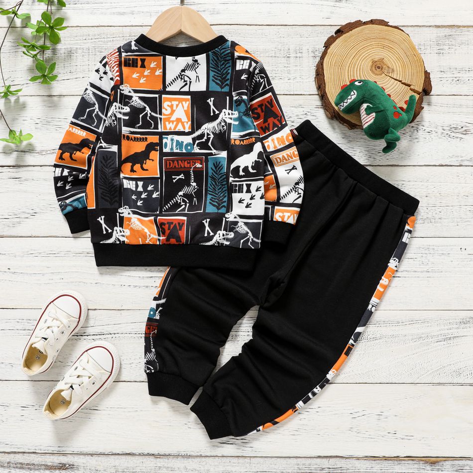 2pcs Toddler Boy Dinosaur Print Colorblock Pullover Sweatshirt and Elasticized Pants Set Black big image 2