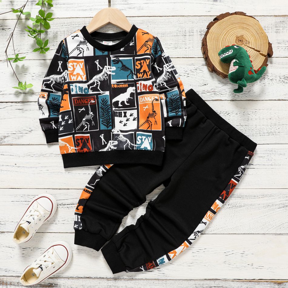 2pcs Toddler Boy Dinosaur Print Colorblock Pullover Sweatshirt and Elasticized Pants Set Black big image 1