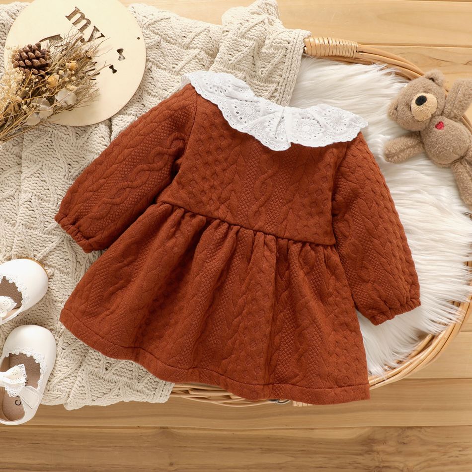 Baby Girl Eyelet Embroidered Ruffle Collar Brown Textured Long-sleeve Button Front Dress Brown big image 2