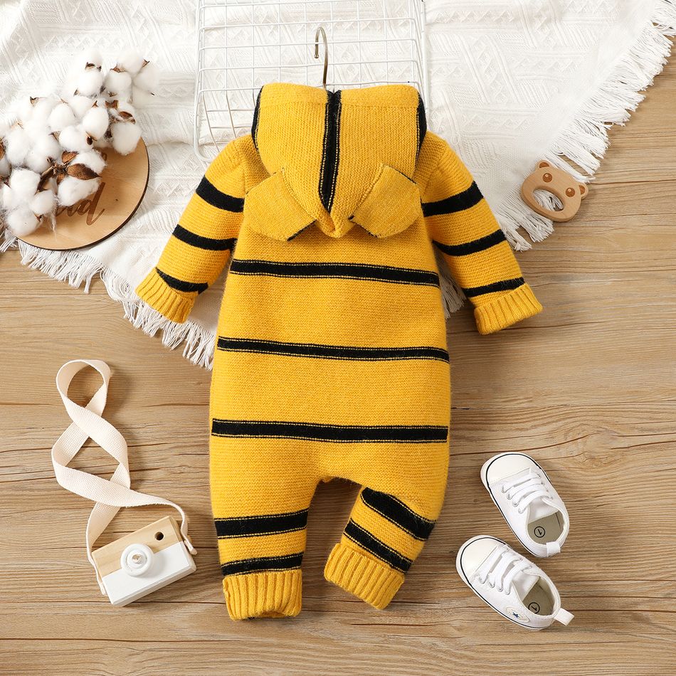Baby Boy/Girl Tiger Design Knitted Long-sleeve Hooded Button Front Jumpsuit Yellow big image 2