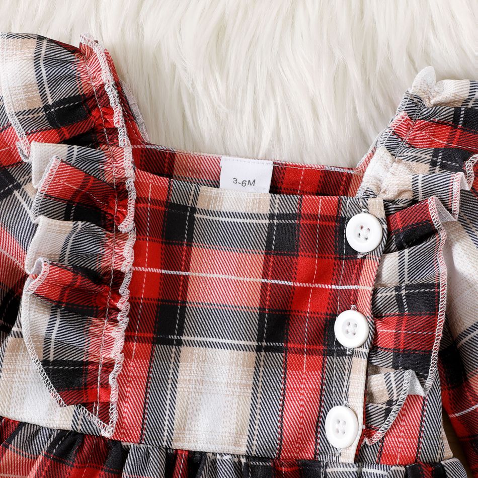 2pcs Baby Girl Plaid Ruffle Trim Button Front Square Neck Long-sleeve Dress with Headband Set Red big image 4