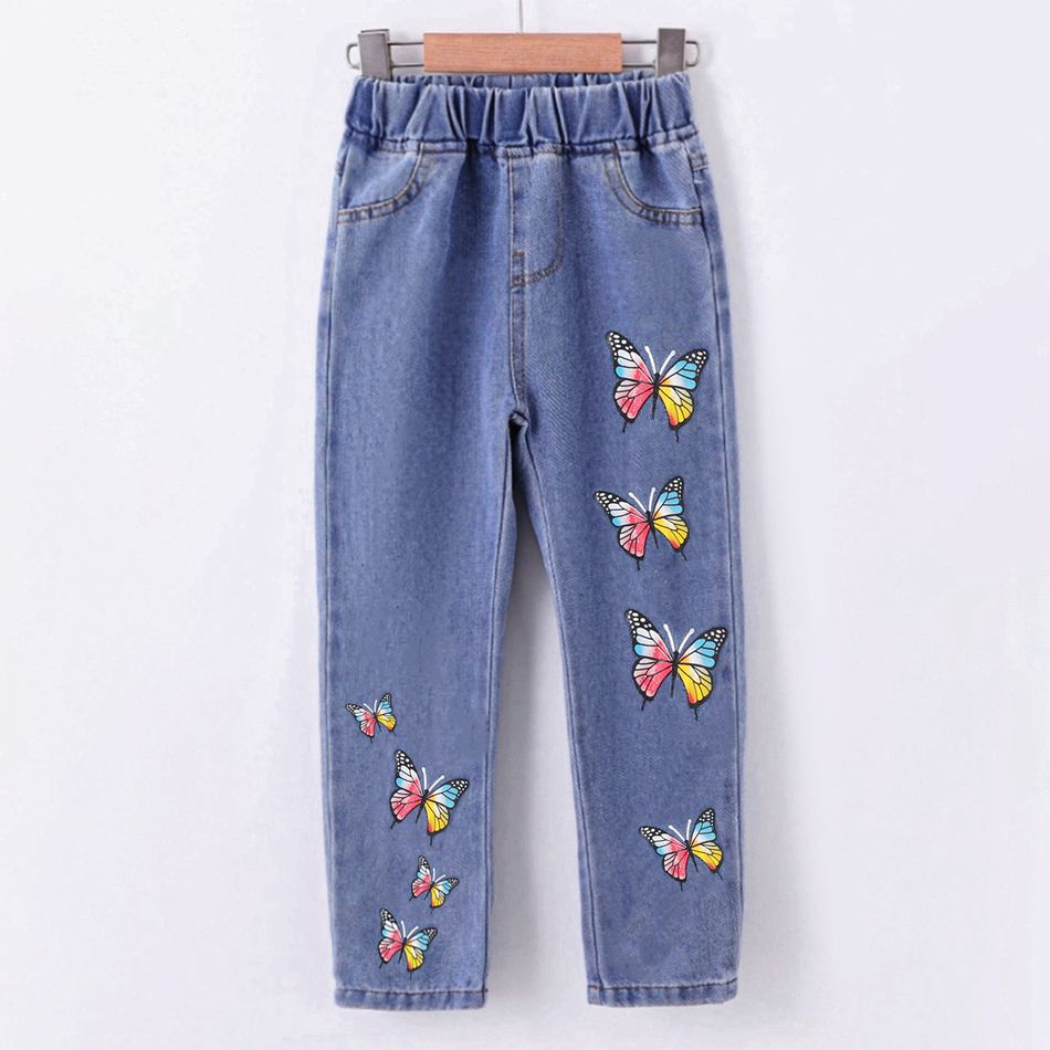 Kid Girl Butterfly Print Elasticized Denim Jeans Blue