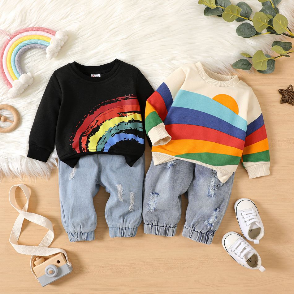 2pcs Baby Boy/Girl 100% Cotton Denim Ripped Jeans and Rainbow Print Long-sleeve Sweatshirt Set Beige big image 1