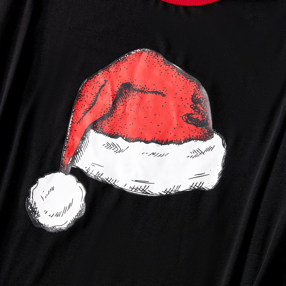 Christmas Family Matching Xmas Hat Print Black Long-sleeve Plaid Pajamas Sets (Flame Resistant) Black big image 10