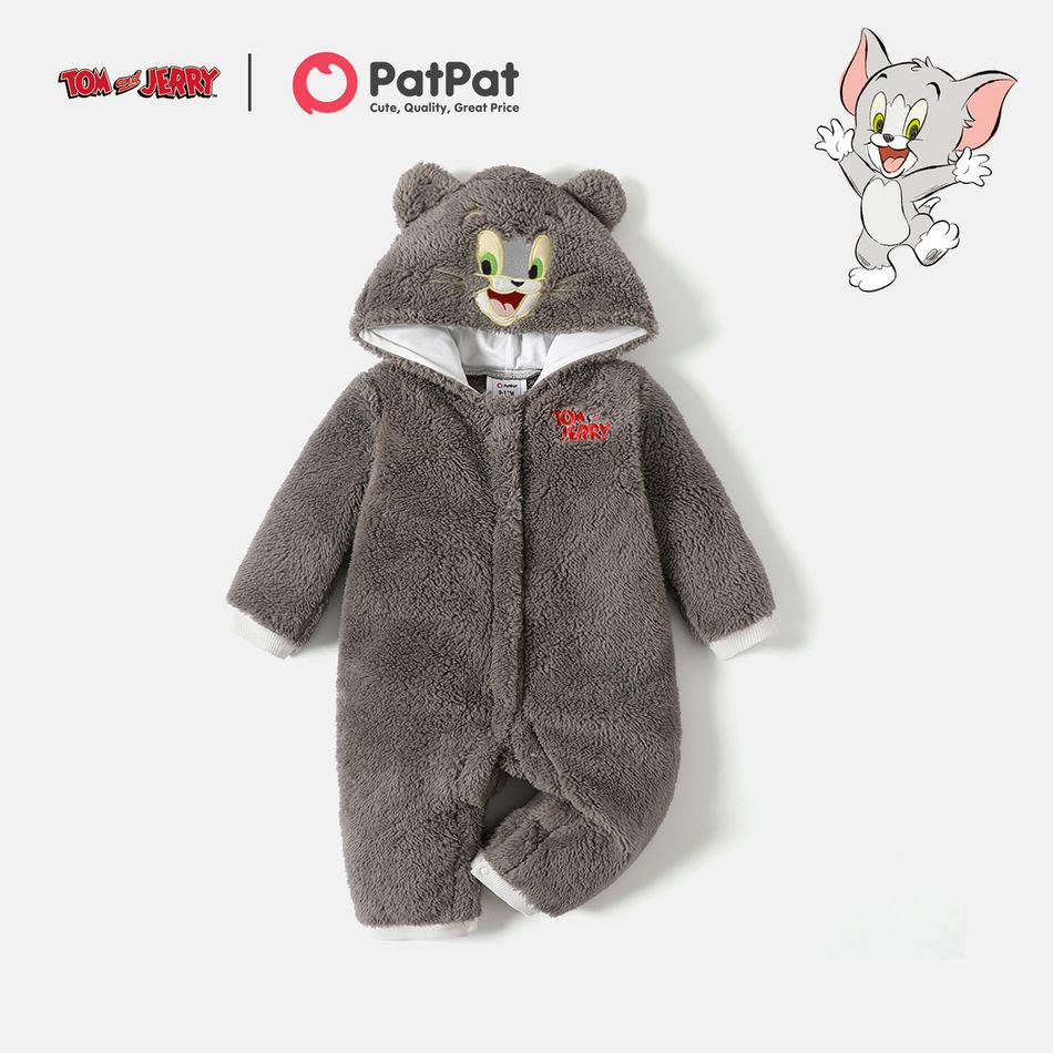 Tom and Jerry Baby Boy/Girl Animal Embroidered Hooded Long-sleeve Thermal Fuzzy Jumpsuit Grey big image 1
