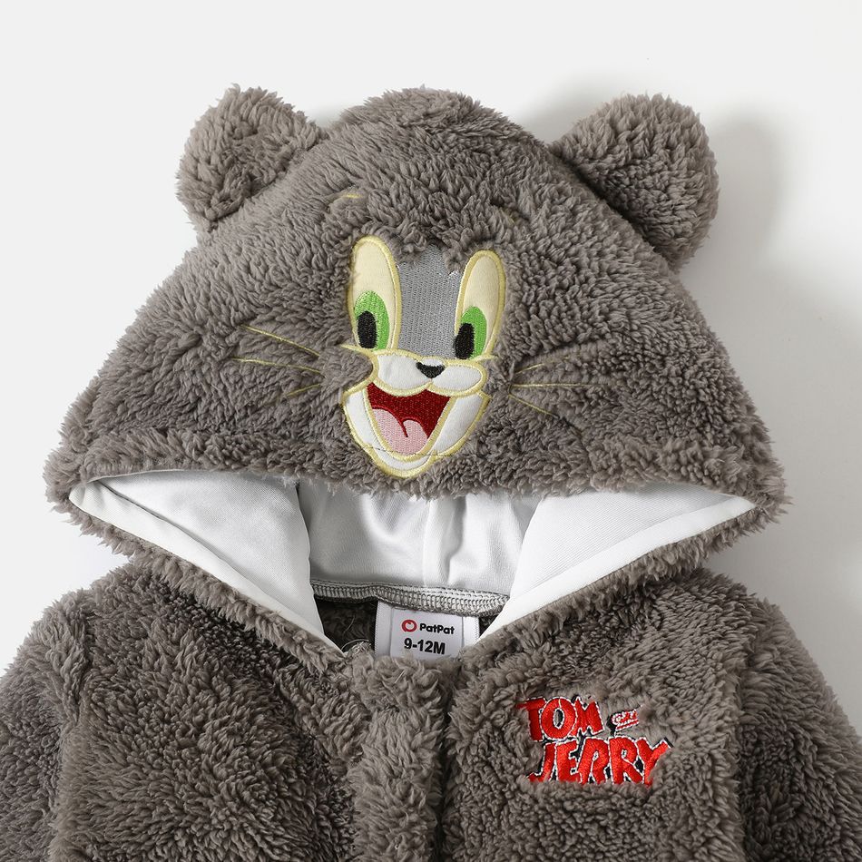 Tom and Jerry Baby Boy/Girl Animal Embroidered Hooded Long-sleeve Thermal Fuzzy Jumpsuit Grey big image 4