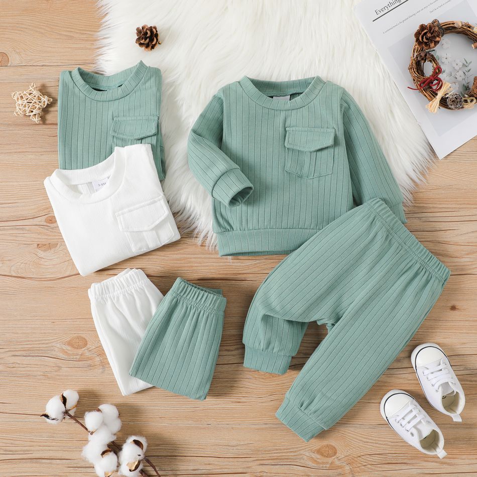 2pcs Baby Boy/Girl Solid Rib Knit Long-sleeve Sweatshirt and Sweatpants Set Green big image 2
