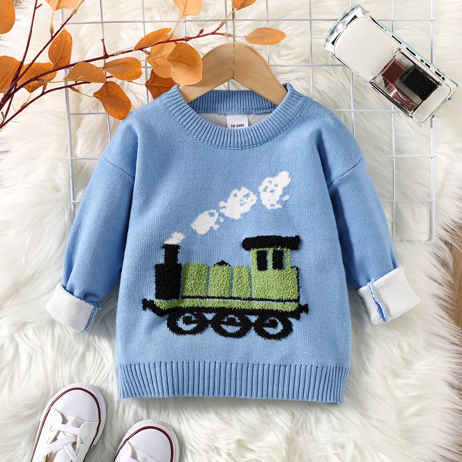 Toddler Boy Playful Vehicle Embroidered Knit Sweater Blue big image 1